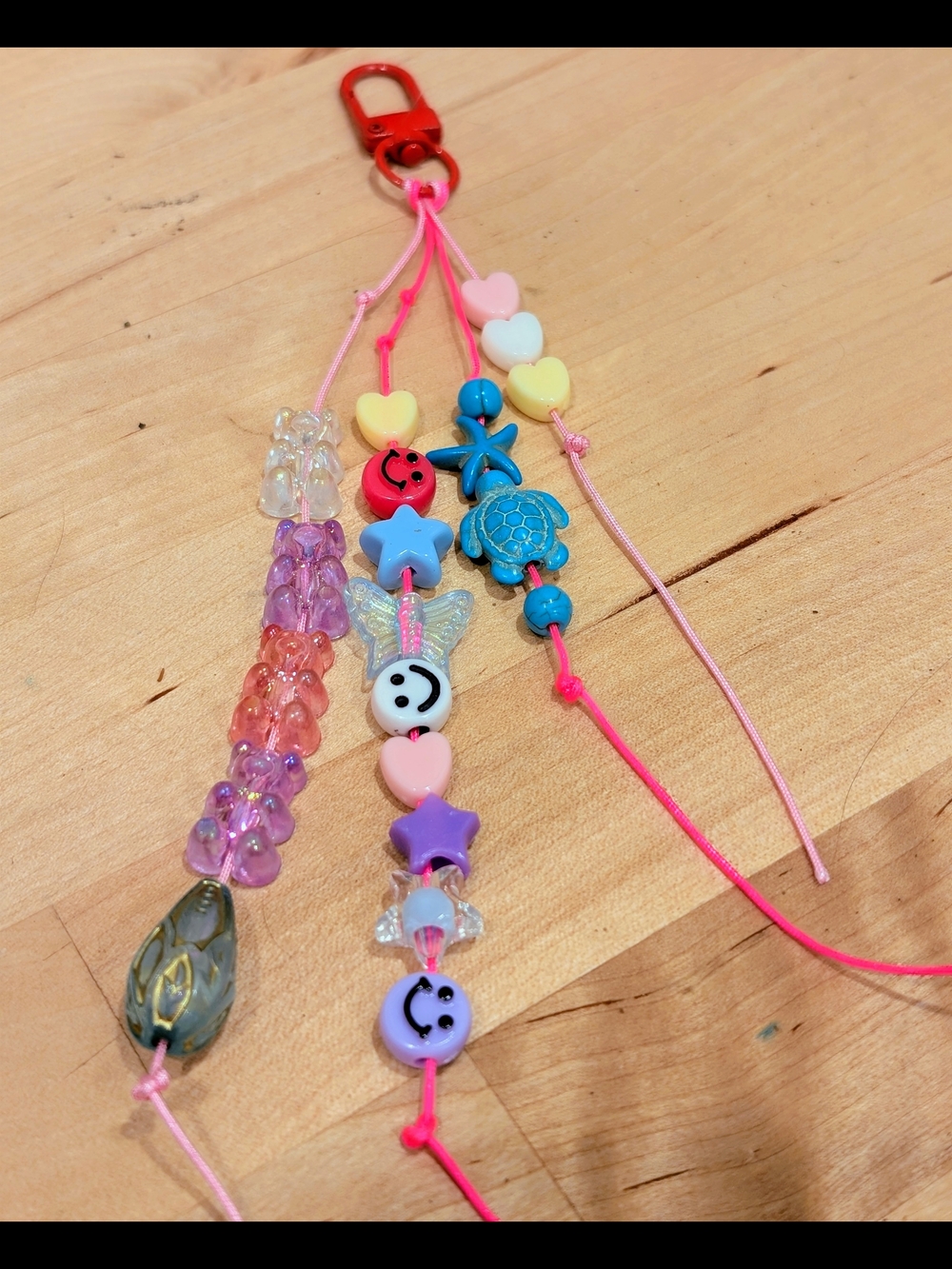 Handmade Pink Beaded Charm Keychain with Pastel Hearts and Blue Accents